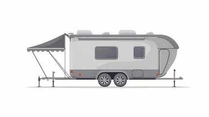 Naklejka premium Side view of a light gray recreational vehicle with a dark gray awning.