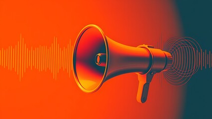 Vintage megaphone with abstract sound wave visualization in orange and blue duotone, symbolizing modern communication.