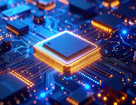 Close-up of a glowing computer circuit board