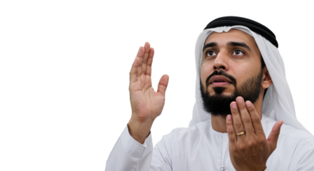 Isolated PNG: Devout Arab Man in Traditional Dress Praying Faithfully