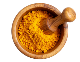 Top View of Mortar and Pestle with Fresh Turmeric Powder, isolated on transparent background PNG