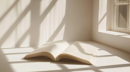 Open book with sunlit shadows on a white surface.