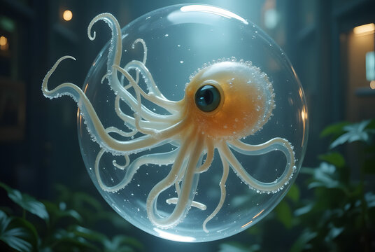 Floating Tentacled Creature in Zero-Gravity Orb Habitat