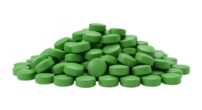 Pile of Green Round Pills Medicine for Health Supplement Isolated