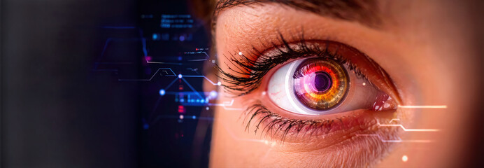 Close up human eye with hologram data.