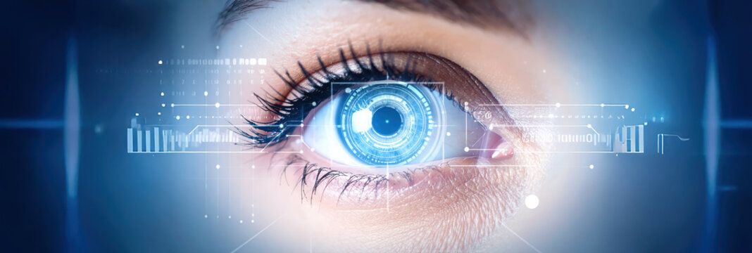 Close up human eye with hologram data.