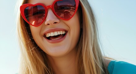 A blonde woman wearing red heart-shaped sunglasses smiles widely, enjoying the sunny day.