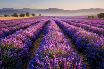 Vast lavender fields at sunrise with mountains and trees in the distance