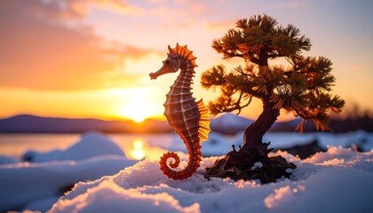 Seahorse Figurine with Miniature Tree at Sunset on Snow