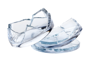 Shattered glass bowls, broken into pieces, isolated on white background.