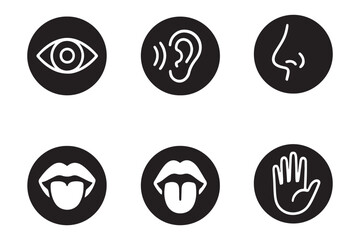 Human senses icon set. Vision eye, smell nose, hearing ear, touch hand, taste mouth with tongue. Simple line icons in circle. Five senses of human nervous system. set of five senses icon