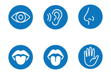 Human senses icon set. Vision eye, smell nose, hearing ear, touch hand, taste mouth with tongue. Simple line icons in circle. Five senses of human nervous system. set of five senses icon