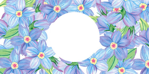 Horizontal frame, round space for text, square background, template of forget-me-not flower, bud, dew, leaf, foliage, Myosotis, copy space, floral illustration. Hand drawn watercolor abstract painting