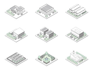 建物の立体的なイラスト. アイソメトリック画法. 線画.