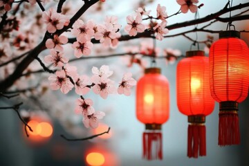 Chinese New Year Celebration: Vibrant Red Lanterns on Blossoming Sakura Branches hanging from blooming during