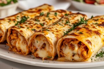 Chicken and cheese filled quesadillas garnished with parsley - a tasty delight! Delicious filling, sprinkled