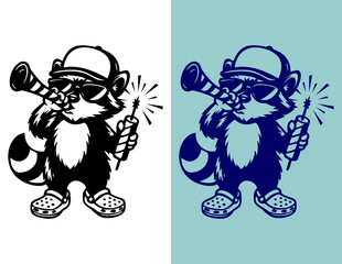 New Year Party Raccoon Cartoon Mascot Line Art Vector