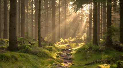 Sunlit forest path with golden rays through trees, a serene nature escape