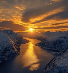 Golden Sunset Over Snowy Mountain Fjord