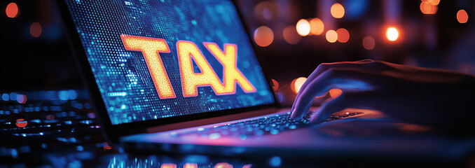 Photography of a person using a laptop with Hologram "TAX" text and hologram icons of money with bright background.