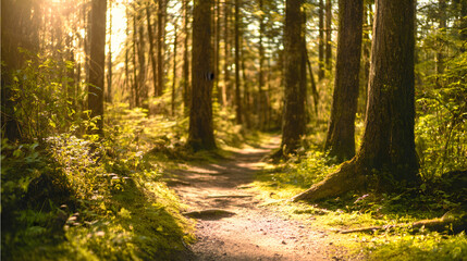 Obraz premium Sunlit forest path with golden rays through trees, a serene nature escape