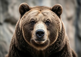 Obraz premium Powerful Grizzly Bear Staring Directly Into The Camera With A Formidable Gaze Against A Blurred Rocky Background, North American Wildlife, Raw Power, Untamed Nature