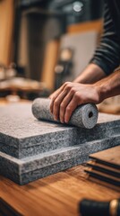 Close-up of a person applying adhesive to acoustic panels on a wooden surface in a warm workshop setting