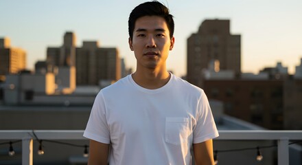 Young man outdoors on rooftop with cityscape background