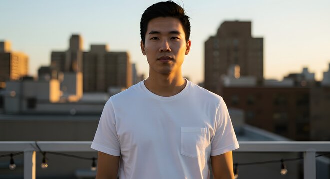 Young man outdoors on rooftop with cityscape background