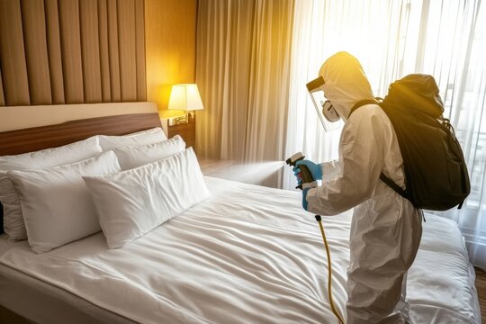 Exterminator in protective gear spraying bed bug treatment on hotel room double Work of an a suit