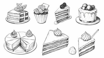 Hand-drawn illustrations of assorted cakes and cupcakes.