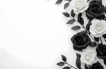 Flat lay of black and white roses with leaves in the corner on a white background, elegant and minimal.
