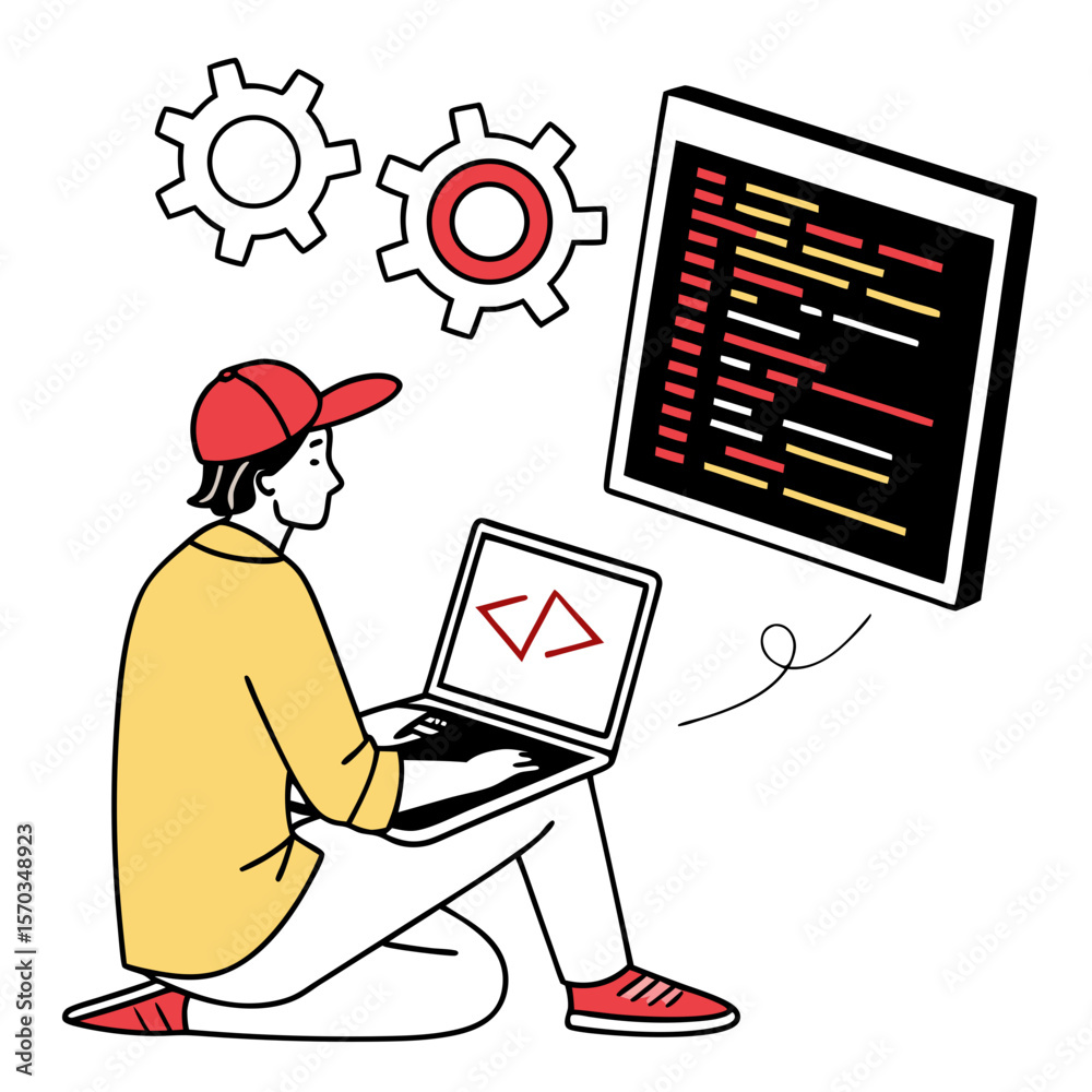 Poster young programmer working on laptop with code on screen
