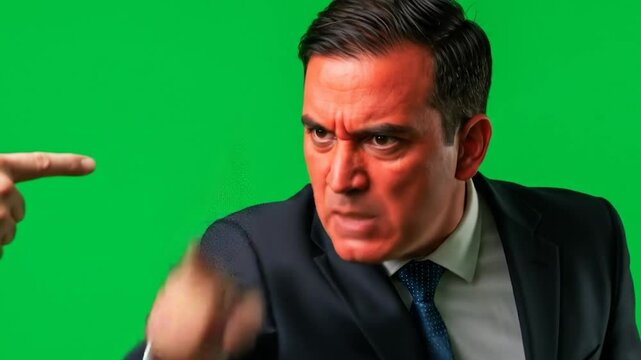 Angry Businessman Pointing Finger on Green Screen