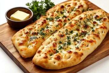 Freshly baked garlic naan bread on rustic wooden surface - appetizing homemade Delicious breads lying