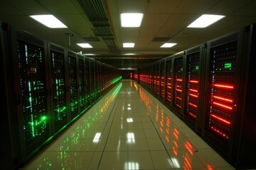 High-Tech Supercomputer with Illuminated Red Lights Performs Advanced Calculations in a Modern running glowing