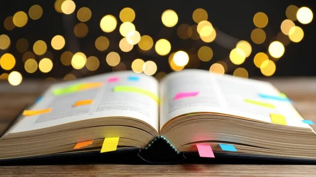 Delving into Knowledge: An Open Book Illuminated by Festive Warm Bokeh Lights