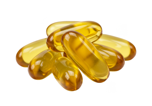 Isolated Transparent Pile of Fish Oil Capsules Omega 3 Softgel