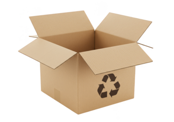Isolated Transparent Open Cardboard Box with Recycling Symbol Kraft