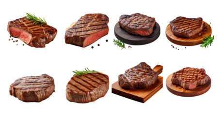 Delicious Grilled Meats on Wooden Plates with Herbs and Garnishes, PNG bundle collection, Isolated on Transparent Background