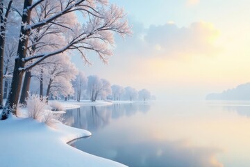 Serene Winter Landscape Frost-Covered Trees Reflecting in a Calm, Misty Lake at Dawn