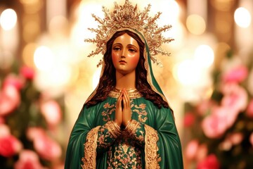 Fototapeta premium Our Lady of Guadalupe Statue Praying in a Rose Garden with Bokeh
