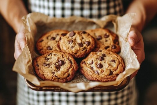 Person holding baking sheet with freshly baked cookies in hands - Close