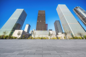 Stunning Modern Cityscape with Skyscrapers Against Clear Blue Sky