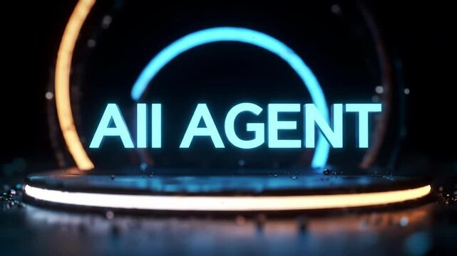 Glowing text reads AII AGENT surrounded by neon blue energy arcs A platform with a warm light strip floats against a dark background