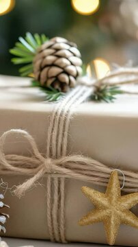 Gift wrapped with twine and natural elements on a decorated background.,"wrapped gift