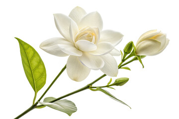 Obraz premium Elegant white jasmine flower in full bloom with multiple green buds on a stem, isolated on white for floral or botanical themes. 