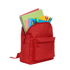 Red Bag with Stationery Items Coming Out – School Supplies and Creativity Concept, Isolated on White or Transparent Background