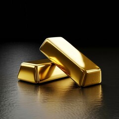 A group of shiny golden bars neatly stacked on a reflective black surface, symbolizing wealth, luxury, and financial investment opportunities.
