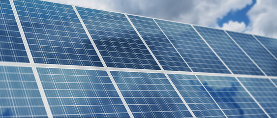 Close-up of a solar panel with a blue sky and clouds, renewable energy - clean technology